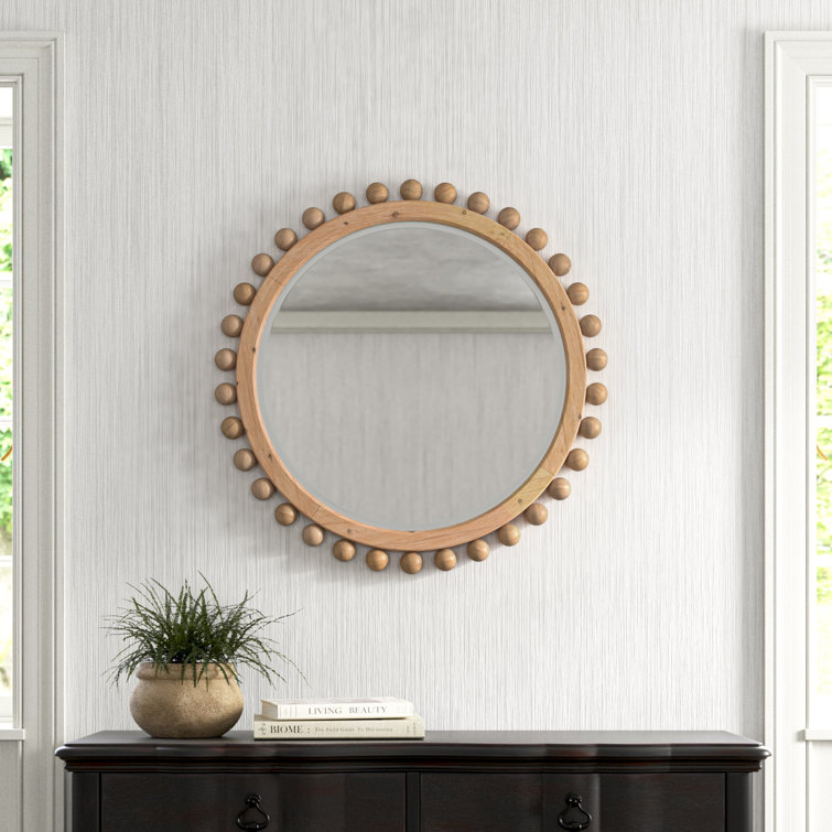 Orion Round Light Wood Mirror with Gold Ornamental Beads