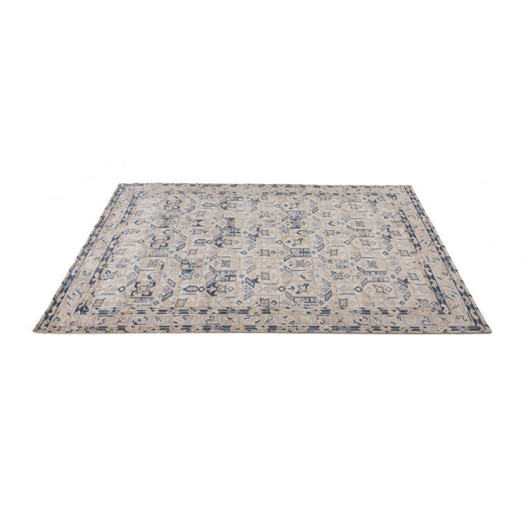 Hand-Knotted Navy and Beige Wool Oriental Rug, 12' x 15'