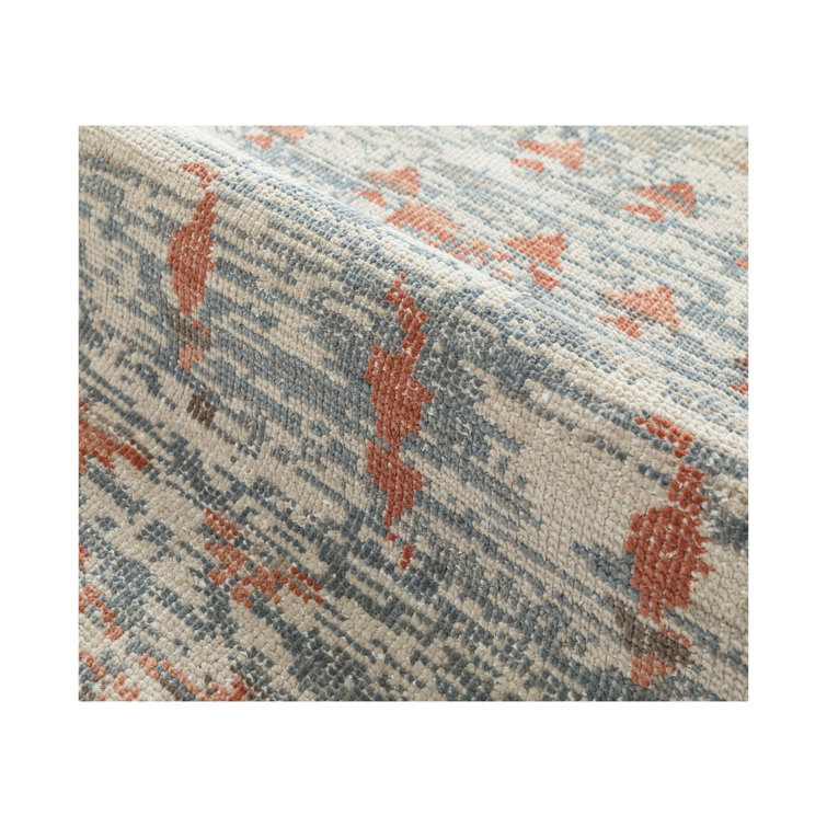 Hand-Knotted Blue and Terracotta Wool Abstract Area Rug