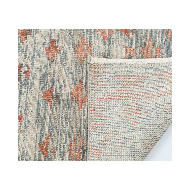Hand-Knotted Blue and Terracotta Wool Abstract Area Rug