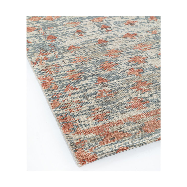 Hand-Knotted Blue and Terracotta Wool Abstract Area Rug