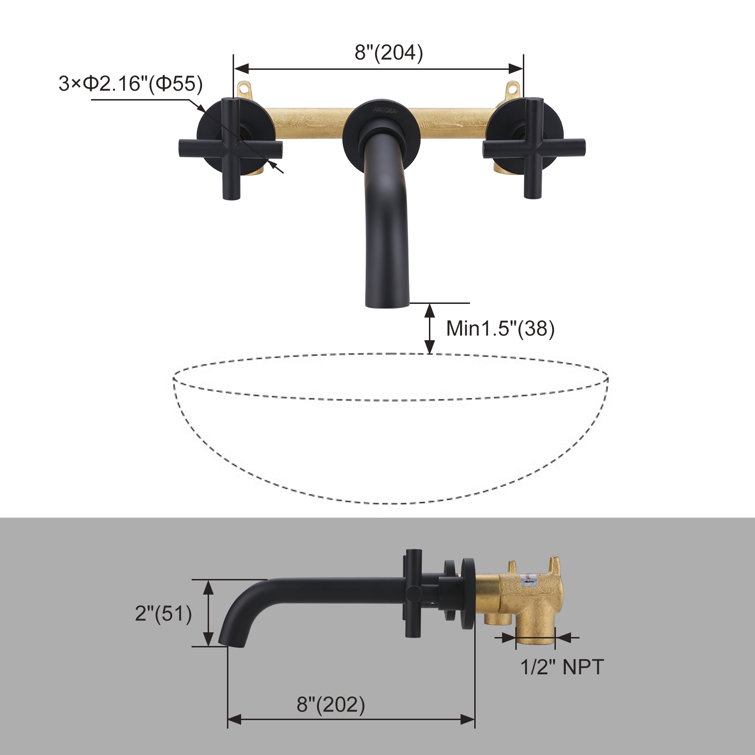 Matte Black Wall Mounted Double Handle Bathroom Faucet