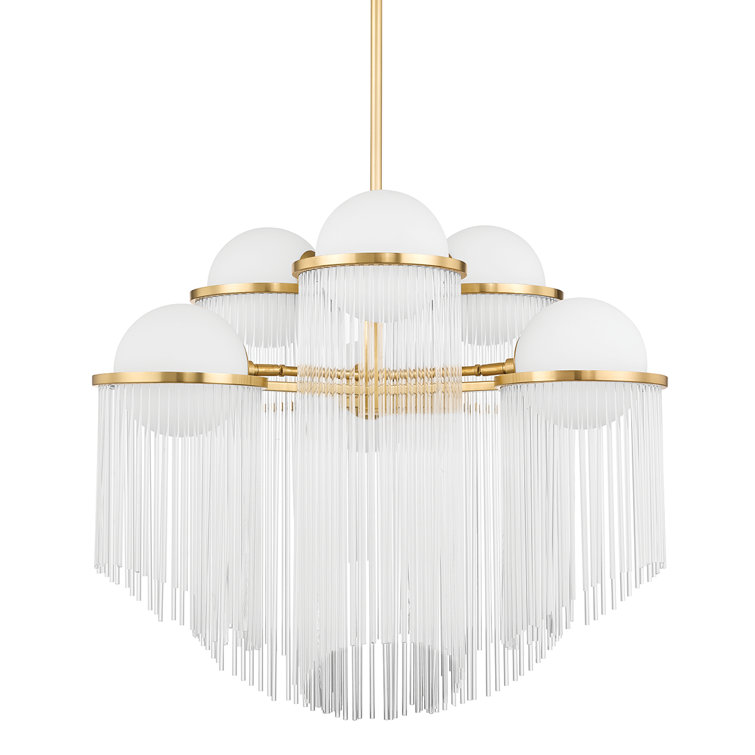 Celestial Aged Brass 6-Light Chandelier with Clear Glass Rods