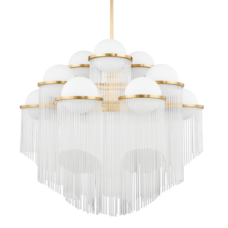 Aged Brass and Glass 12-Light Chandelier with Clear Rods