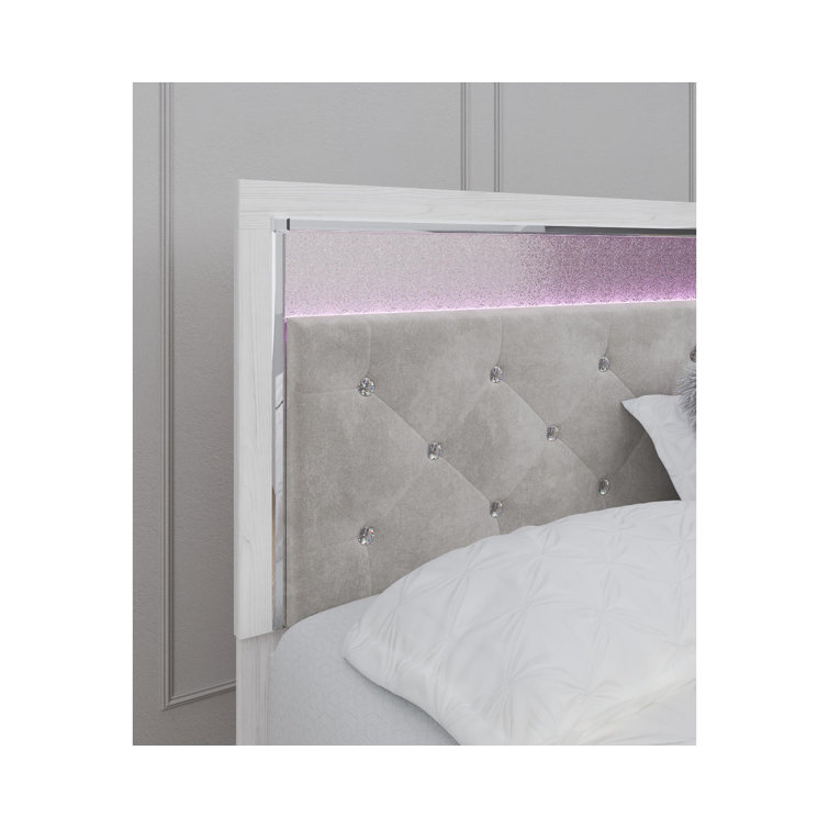 King White Upholstered Tufted Wood Panel Headboard with LED Lighting