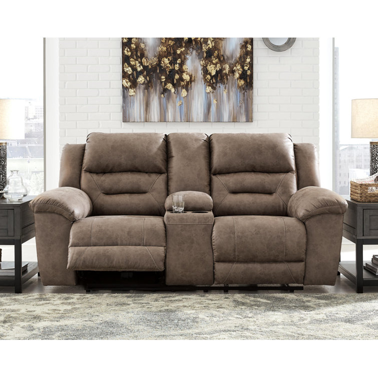 Fossil Brown Faux Leather Reclining Loveseat with Storage