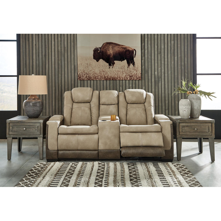 Sand Faux Leather 75" Power Reclining Loveseat with Storage & Cup Holder