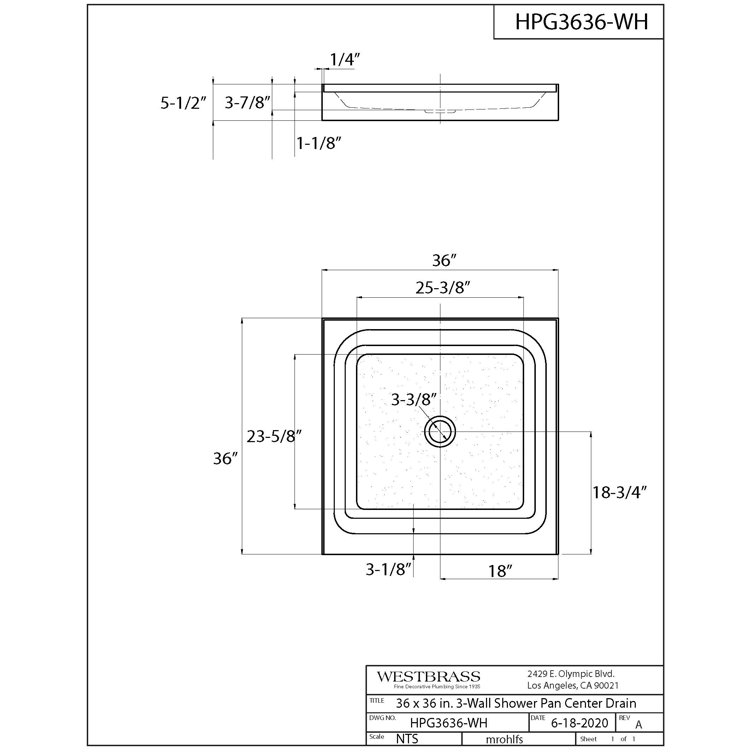36'' White Acrylic Square Shower Base with Center Drain