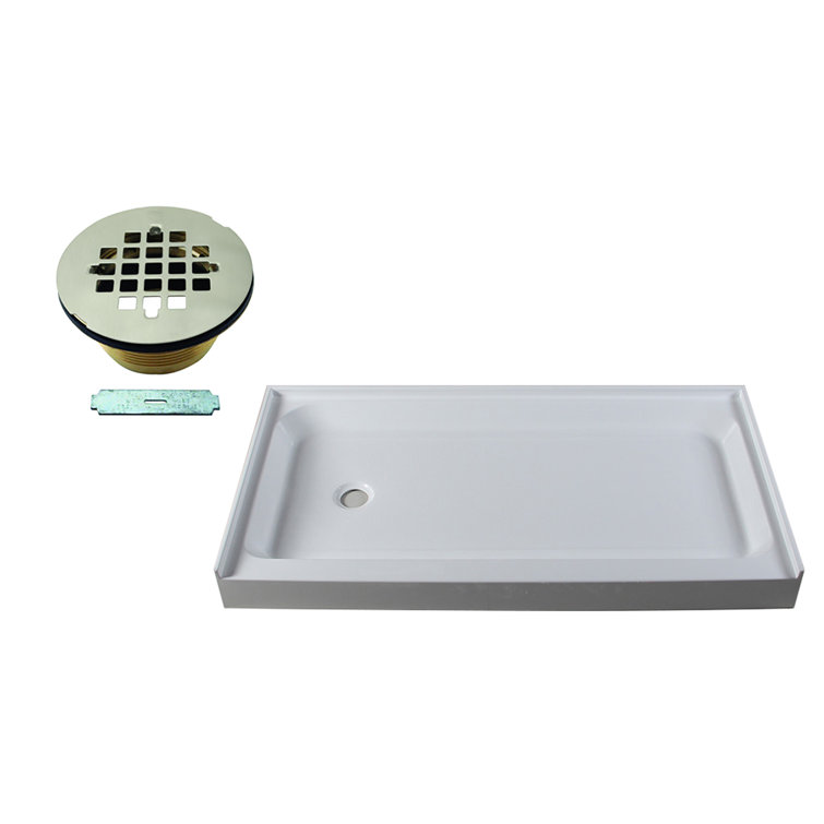 60'' White Acrylic Rectangular Shower Base with Polished Chrome Drain