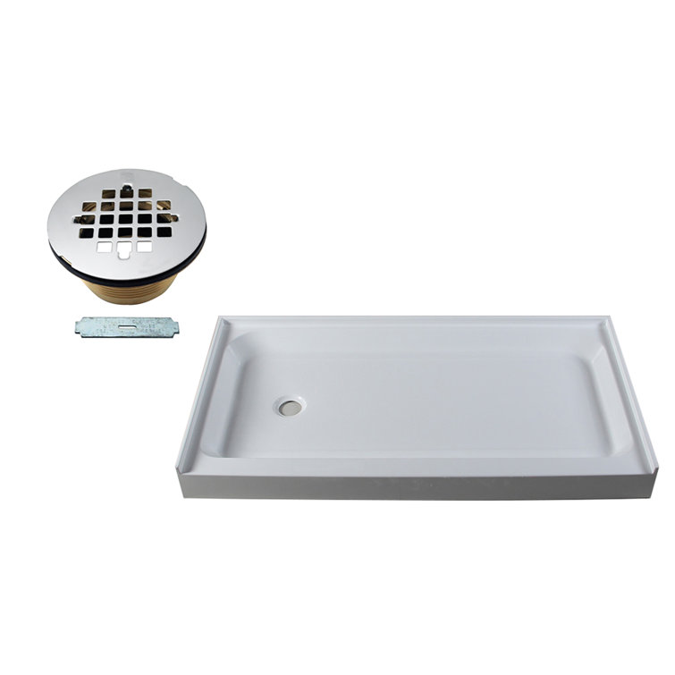 60'' White Acrylic Rectangular Shower Base with Polished Chrome Drain