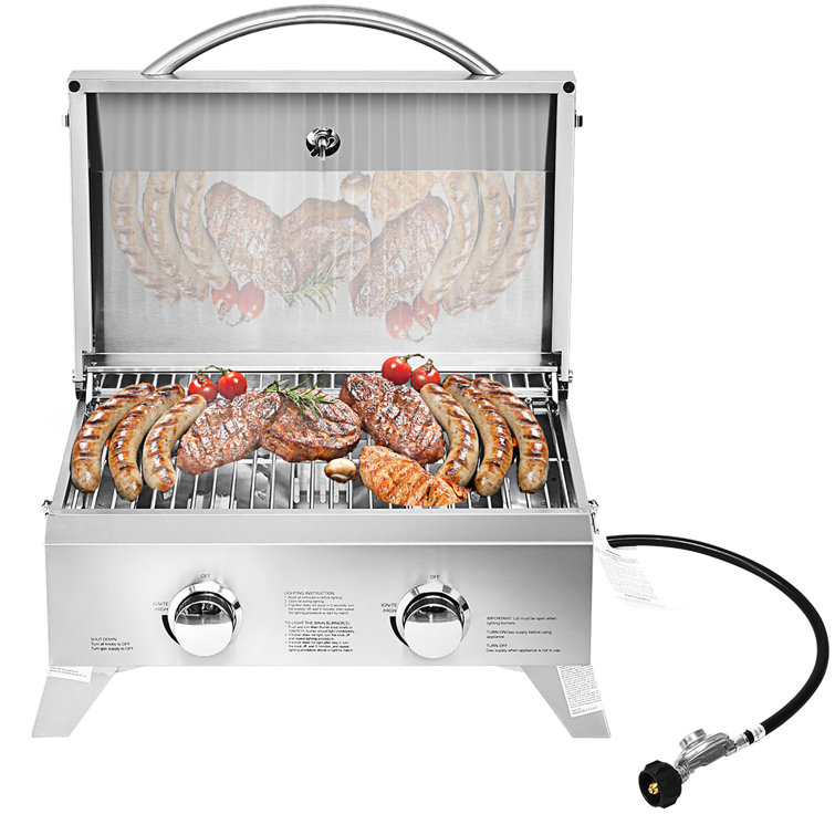 Portable Stainless Steel 2-Burner Propane Gas Grill with Foldable Legs