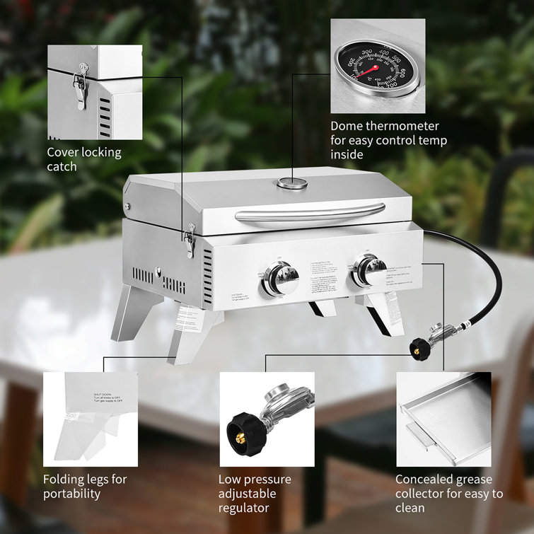 Portable Stainless Steel 2-Burner Propane Gas Grill with Foldable Legs