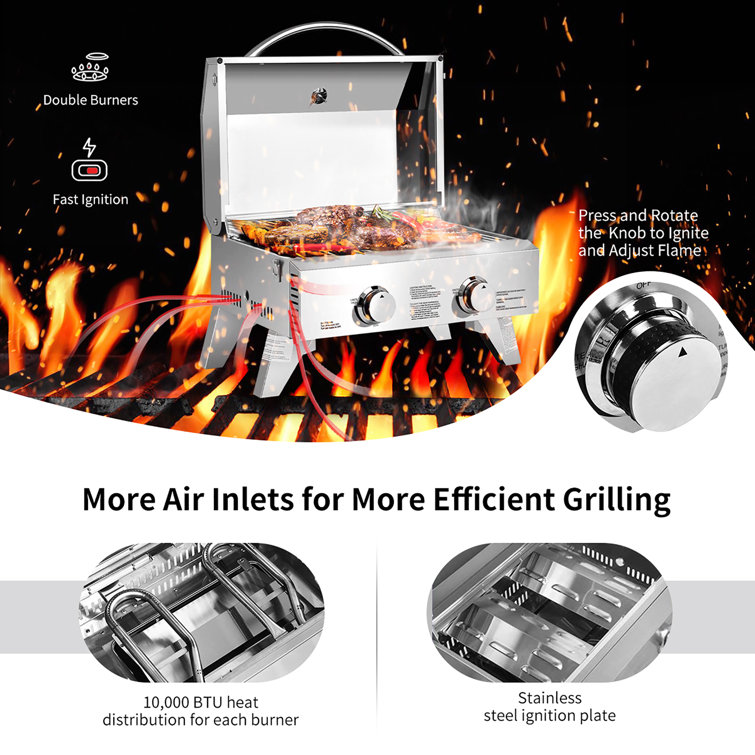 Portable Stainless Steel 2-Burner Propane Gas Grill with Foldable Legs