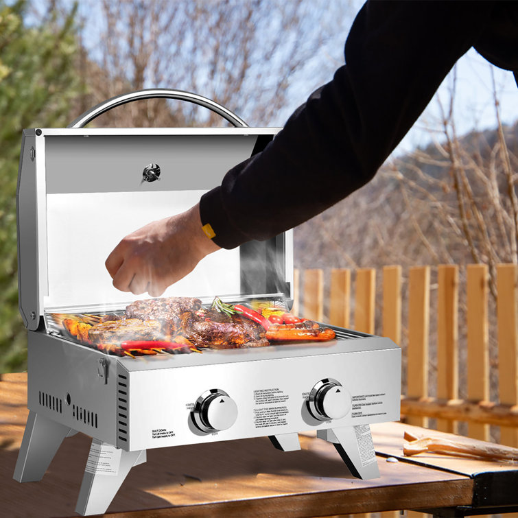 Portable Stainless Steel 2-Burner Propane Gas Grill with Foldable Legs