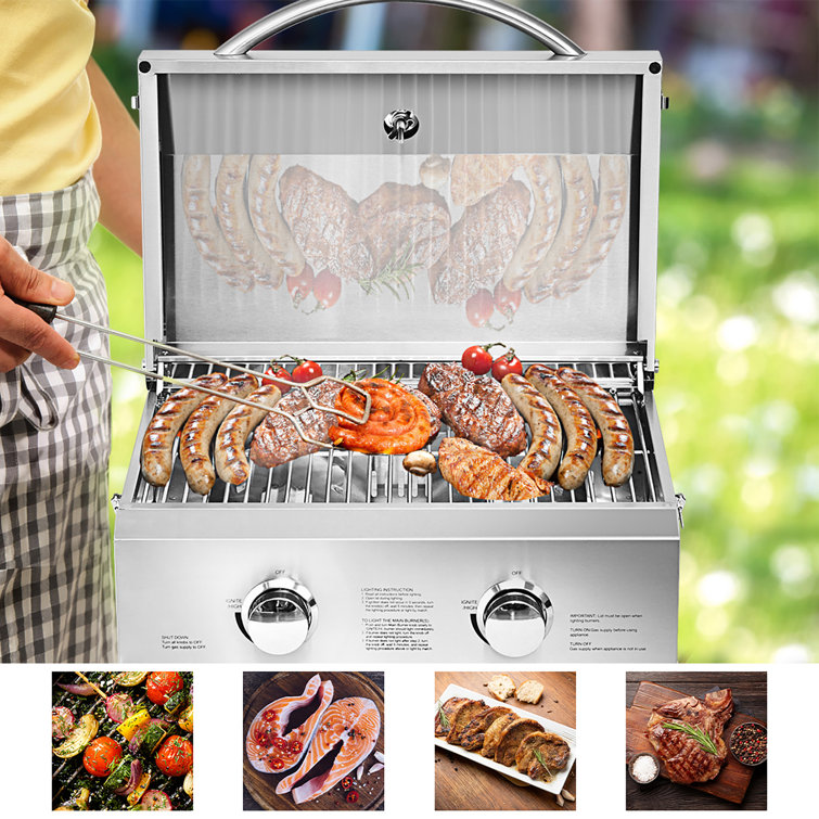 Portable Stainless Steel 2-Burner Propane Gas Grill with Foldable Legs