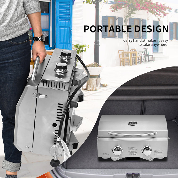 Portable Stainless Steel 2-Burner Propane Gas Grill with Foldable Legs