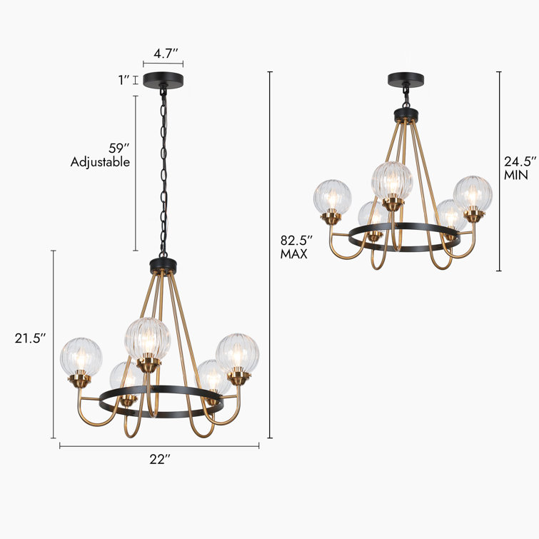 Black and Copper 5-Light Wagon Wheel Chandelier with Clear Glass Shades