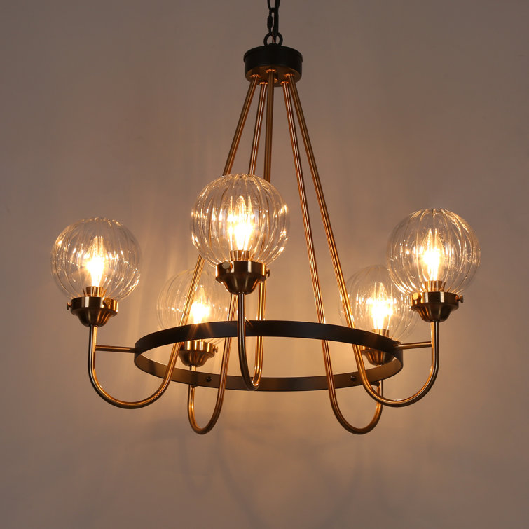 Black and Copper 5-Light Wagon Wheel Chandelier with Clear Glass Shades