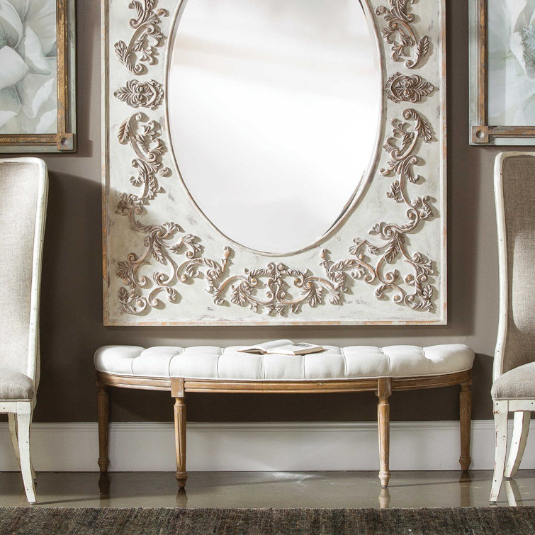 Leggett Off-White Upholstered Tufted Bench with Oak Base