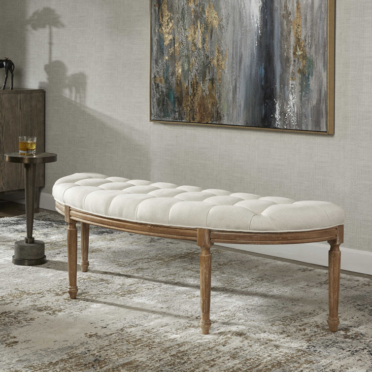 Leggett Off-White Upholstered Tufted Bench with Oak Base