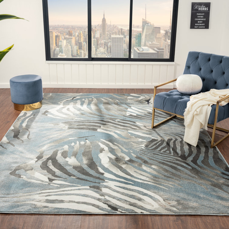 Hand-Knotted Blue Zebra Print Synthetic Area Rug