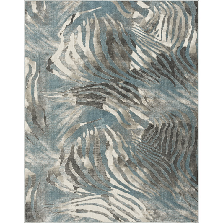 Hand-Knotted Blue Zebra Print Synthetic Area Rug