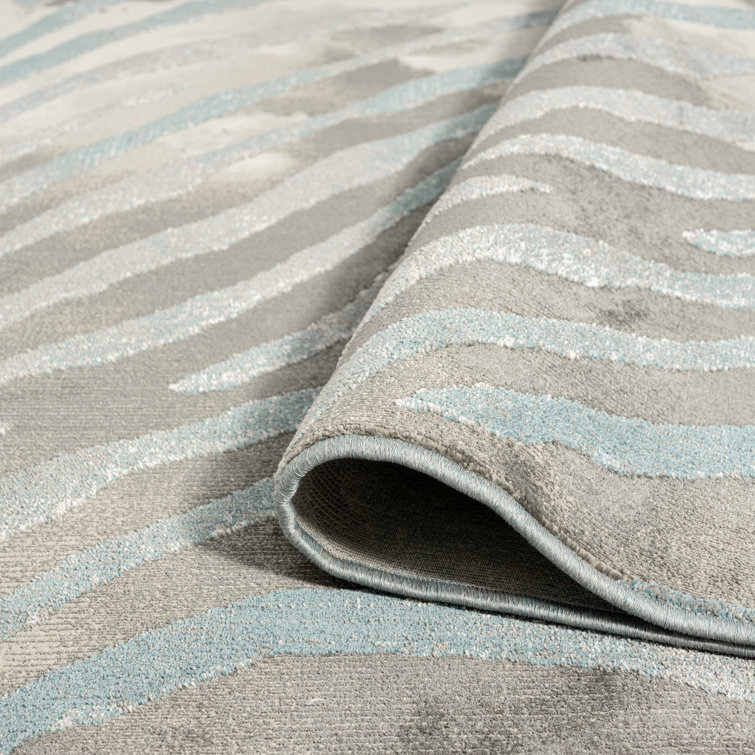 Hand-Knotted Blue Zebra Print Synthetic Area Rug