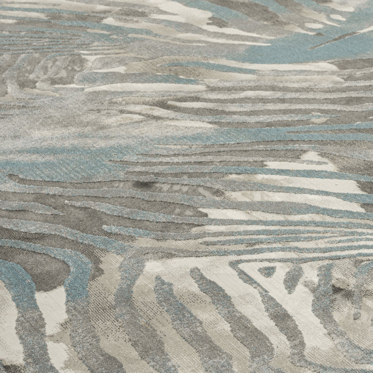 Hand-Knotted Blue Zebra Print Synthetic Area Rug