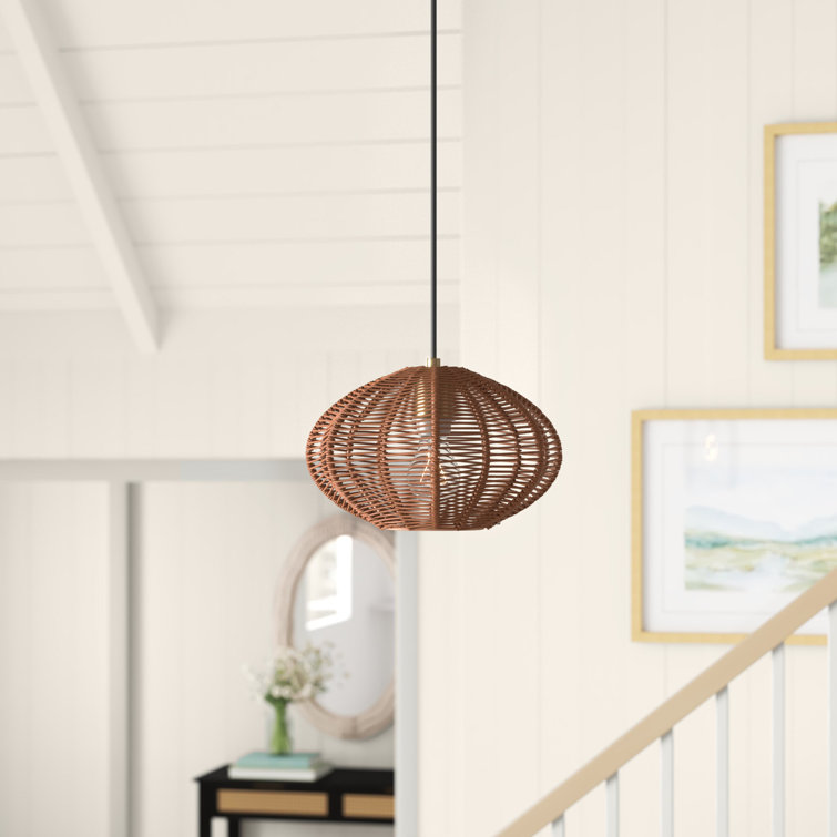 Modern 14'' Globe Pendant Light with Woven Rattan Shade, Brown