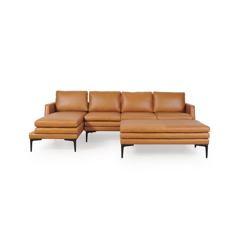 Rica Handcrafted Tan Leather Chaise Sectional with Black Metal Legs