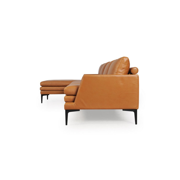 Rica Handcrafted Tan Leather Chaise Sectional with Black Metal Legs