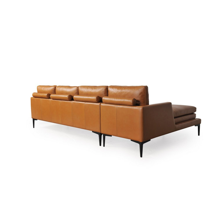 Rica Handcrafted Tan Leather Chaise Sectional with Black Metal Legs
