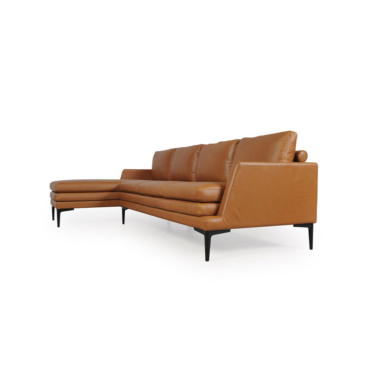 Rica Handcrafted Tan Leather Chaise Sectional with Black Metal Legs