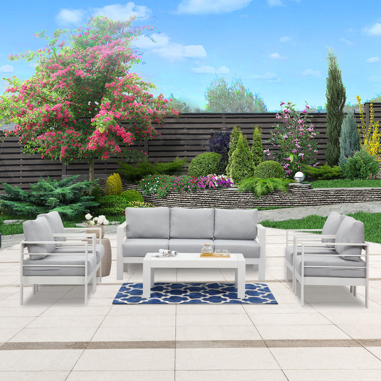 White Aluminum 6-Piece Patio Conversation Set with Light Gray Cushions