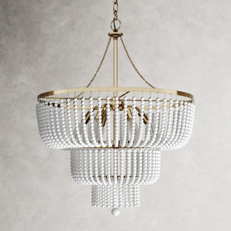 Satin Brass and White Beaded 6-Light Tiered Chandelier