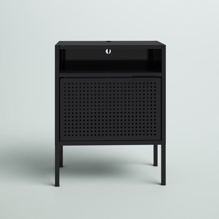 Gemma Black Metal Nightstand with USB Port and Open Shelf