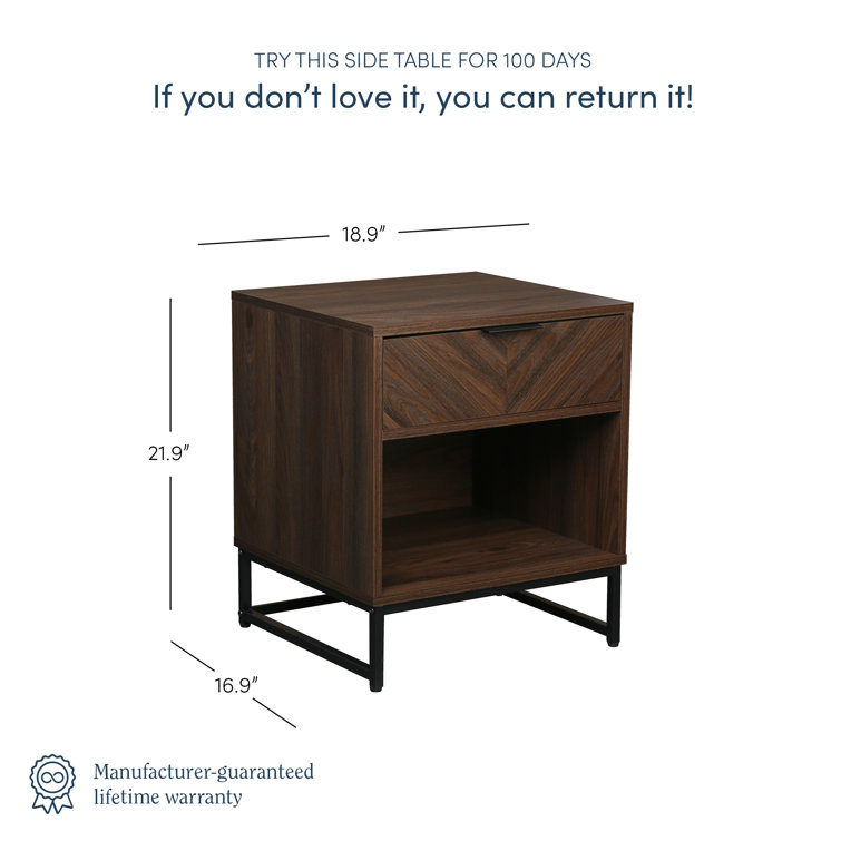 Kensi Rustic Walnut Nightstand with Herringbone Design & Matte Black Metal Base