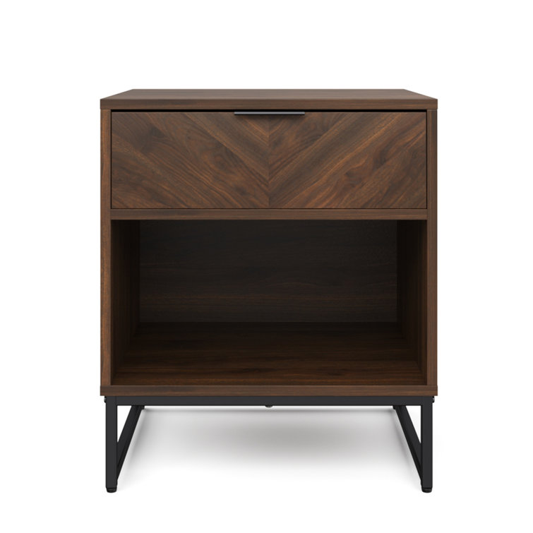 Kensi Rustic Walnut Nightstand with Herringbone Design & Matte Black Metal Base