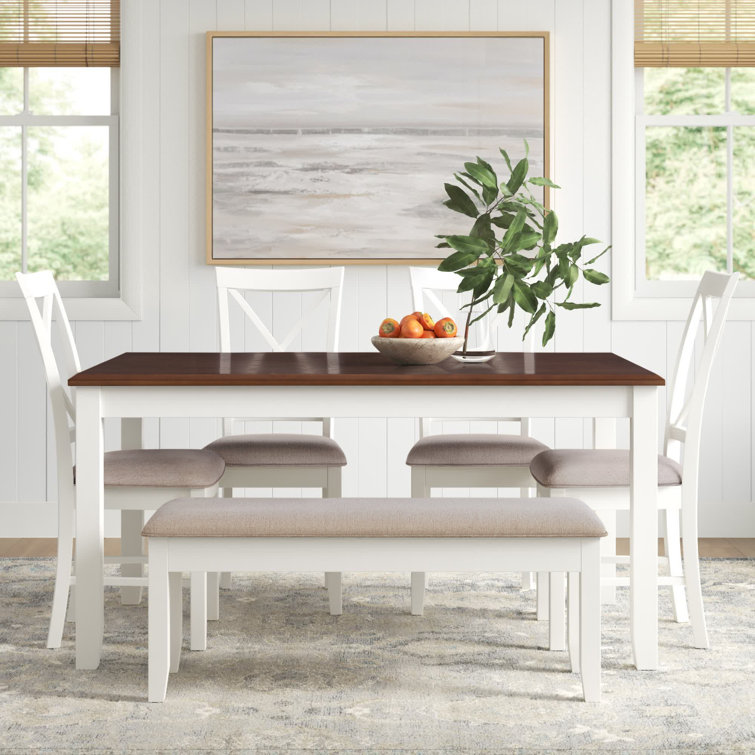 Vanilla White and Honey Brown 6-Piece Dining Set with Upholstered Chairs