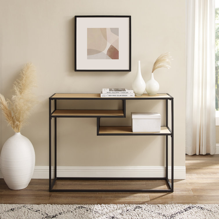 42" Coastal Oak and Black Metal Console Table with Floating Shelves