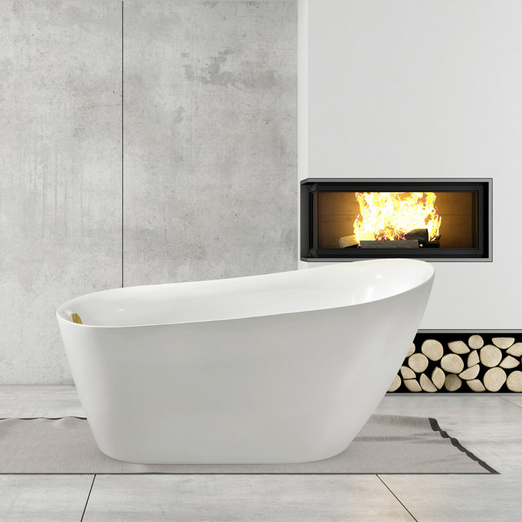 67-Inch Glossy White Acrylic Freestanding Bathtub with Brushed Gold Trim