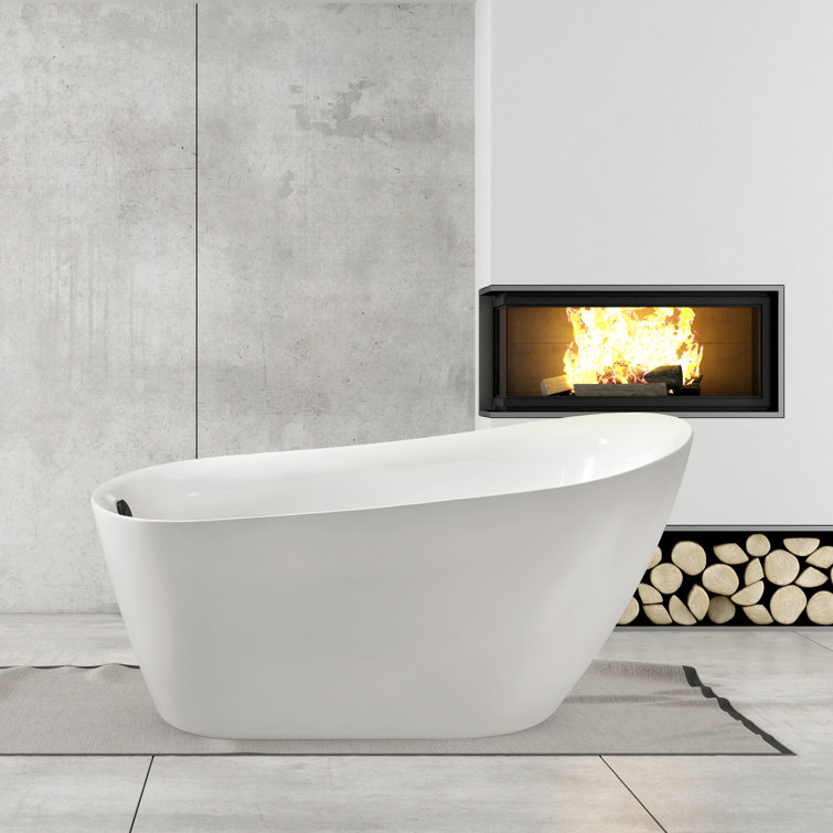 67" Glossy White Acrylic Freestanding Soaking Bathtub with Bamboo Tray