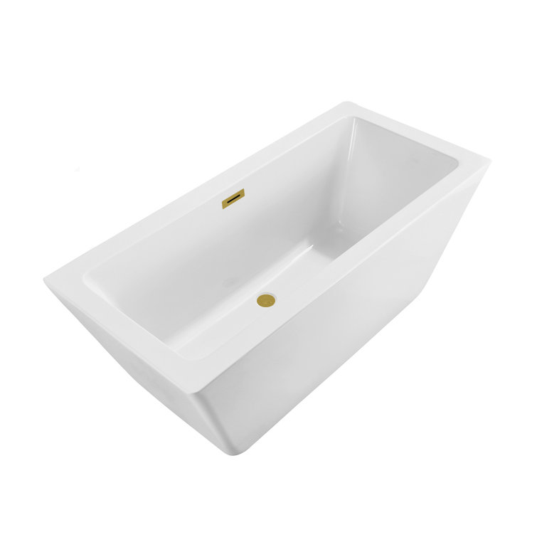 Glossy White Acrylic Freestanding Clawfoot Bathtub with Brushed Gold Trim