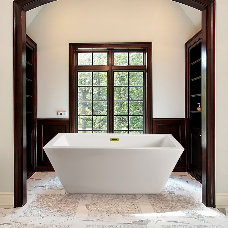Glossy White Acrylic Freestanding Clawfoot Bathtub with Brushed Gold Trim