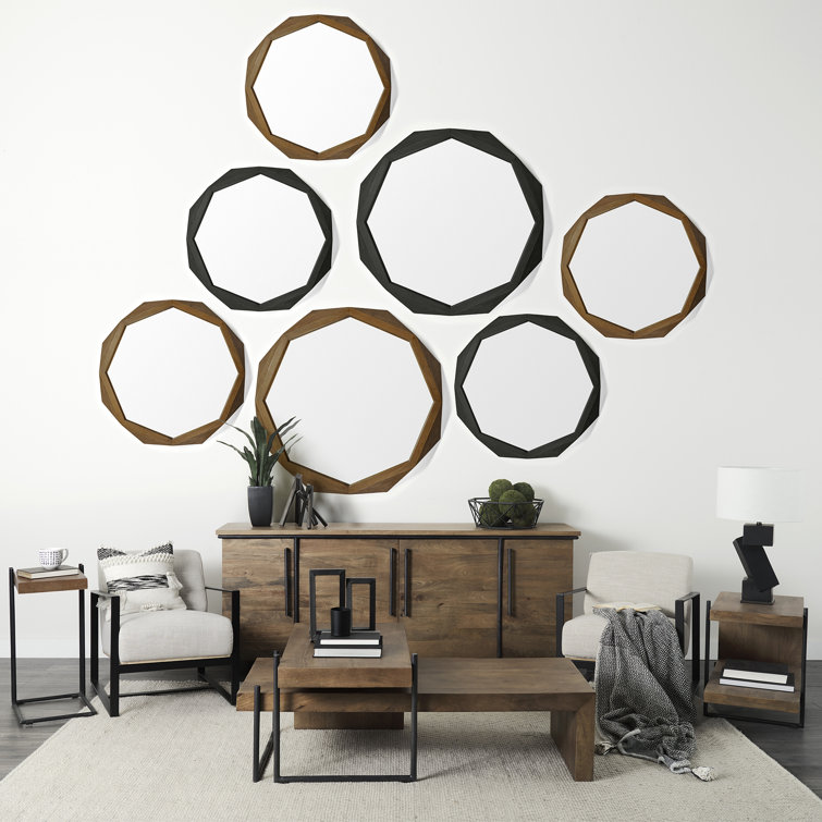 Aramis 32" Octagonal Brown Mango Wood Wall Mirror