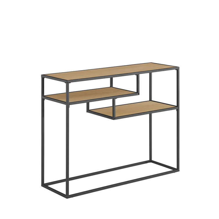 42" Coastal Oak and Black Metal Console Table with Floating Shelves