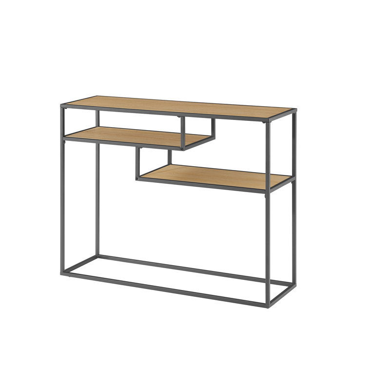 42" Coastal Oak and Black Metal Console Table with Floating Shelves