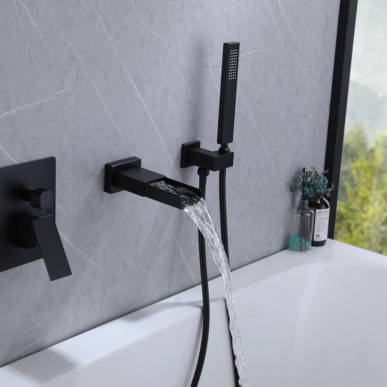 Matte Black Freestanding Waterfall Tub Faucet with Hand Shower