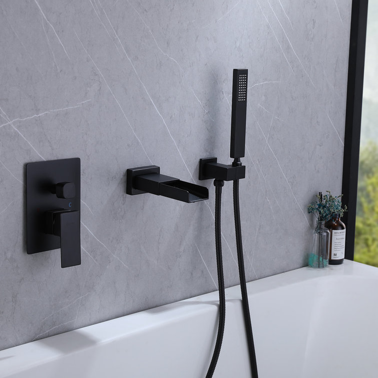 Matte Black Freestanding Waterfall Tub Faucet with Hand Shower