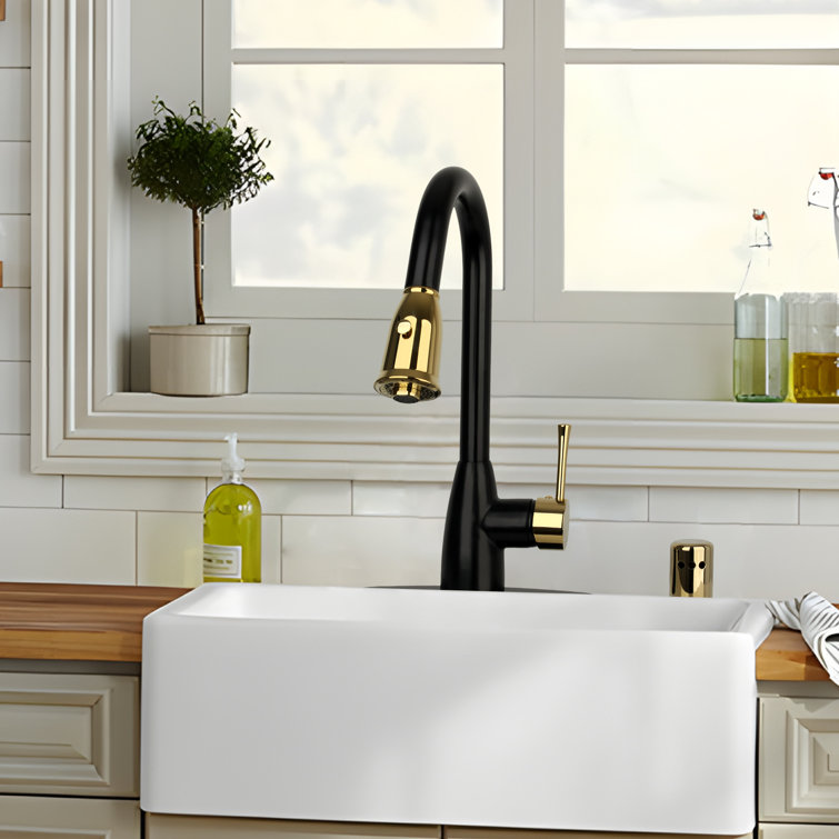 Black and Gold Brass Pull Down Kitchen Faucet with Spray